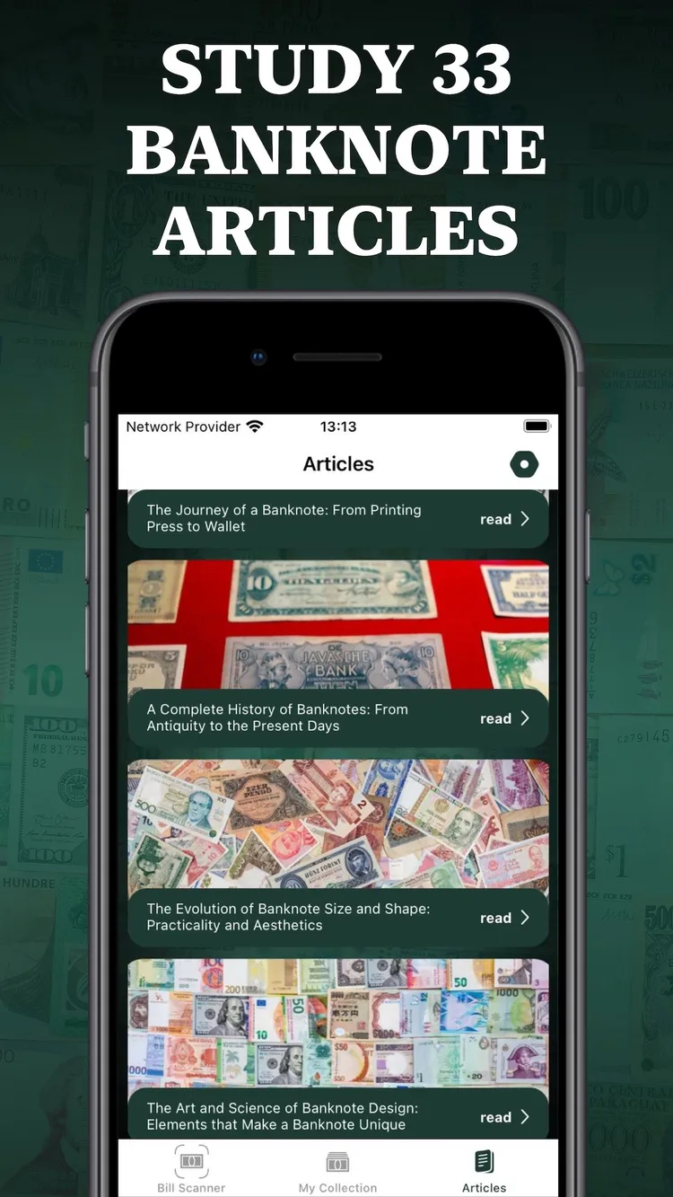 Banknote articles library in the Dollar Bill Scanner app
