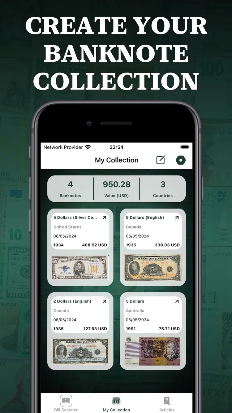 Personal banknote collection with total value in US dollars