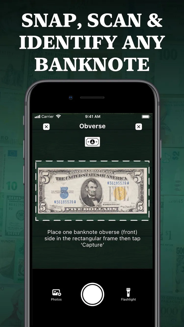 Money scanner camera frame with a 1934 five dollar North Africa silver certificate