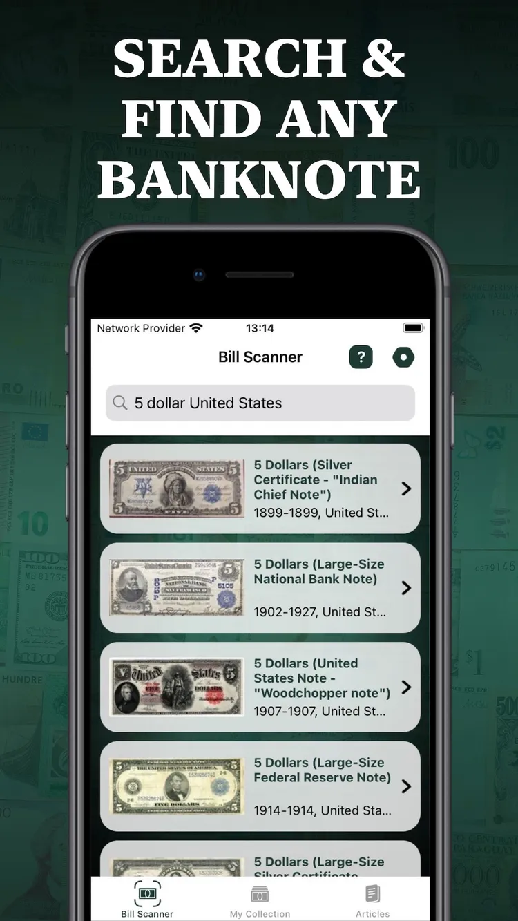 Searching 5 dollar United States banknotes by name in the app